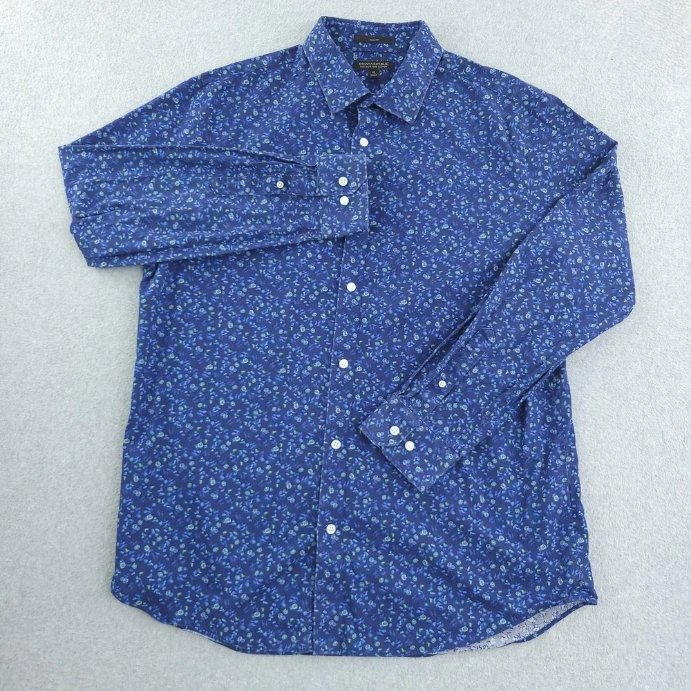 Banana‎ Republic Dress Shirt Mens XL Blue Floral Slim Fit Non Iron Long Sleeve